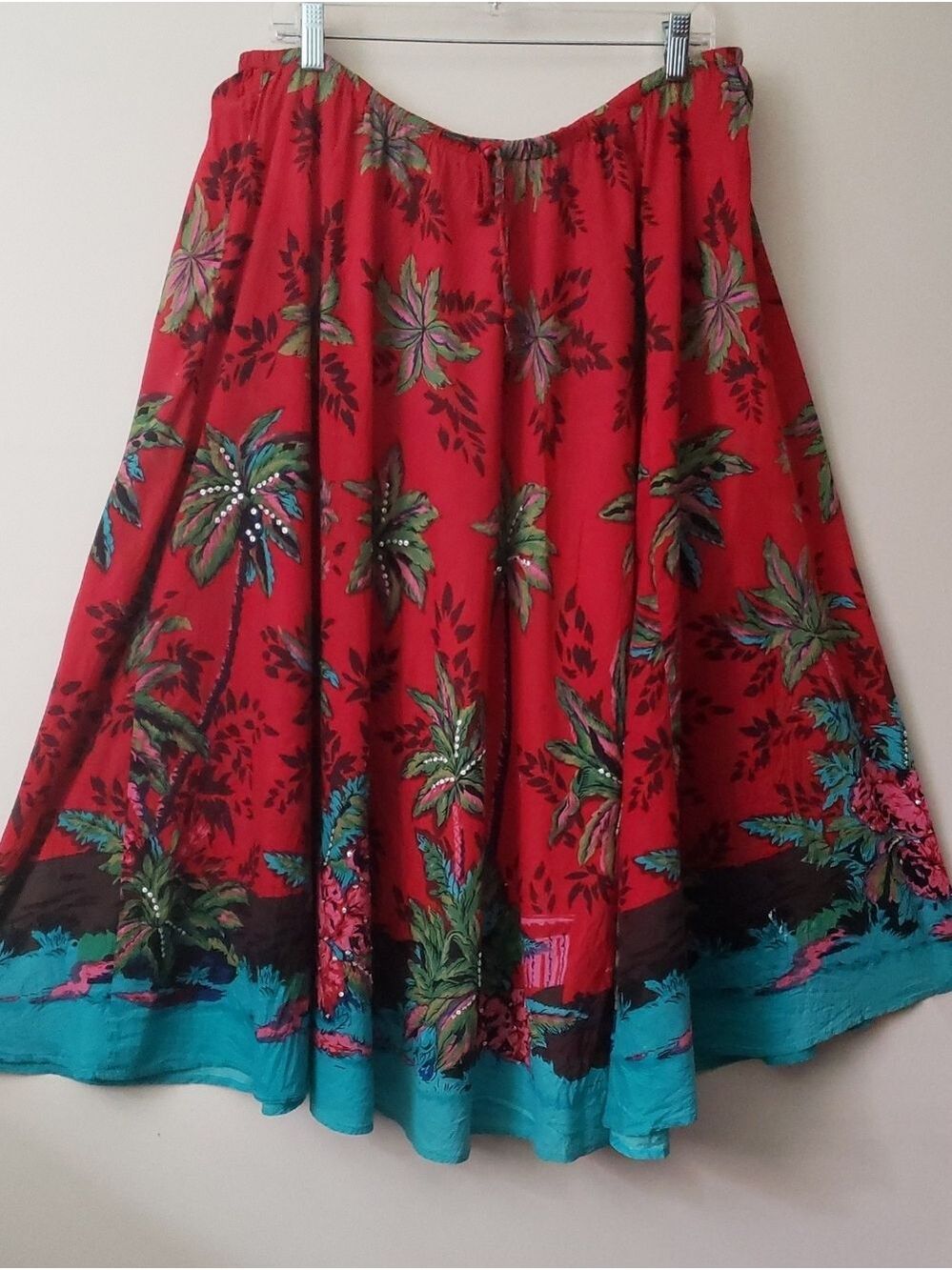 100% Cotton Red Tropical Print Midi Skirt with Teal Hem And Gems